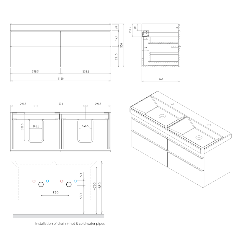 SITIA dvojumyvadlová skříňka 116x50x44,2cm, 4xzásuvka, borovice rustik SI120-1616
